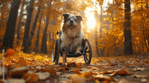 disabled dog in a wheelchair walks in the park and enjoys mobility
