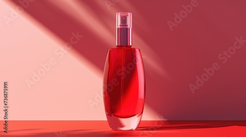  a bottle of red liquid sitting on top of a red table next to a shadow of a person's head.
