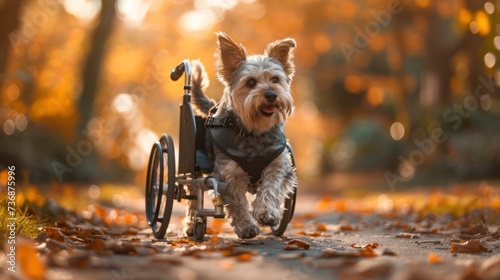 disabled dog in a wheelchair walks in the park and enjoys mobility © sirisakboakaew