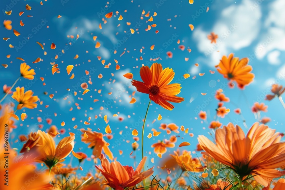 petal flowers confetti falling from a bright blue sky on an autumn or spring professional photography