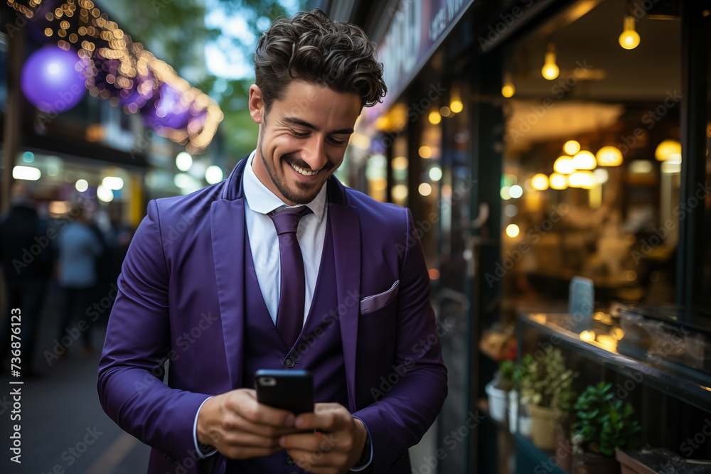 Happy smiling relaxed young businessman holding smartphone using mobile phone digital technology apps. Typing message and chatting. Generative Ai.