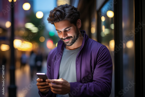 Happy smiling relaxed young businessman holding smartphone using mobile phone digital technology apps. Typing message and chatting. Generative Ai.