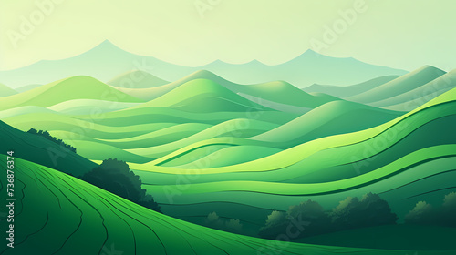 Nature art, abstract green hills and mountains