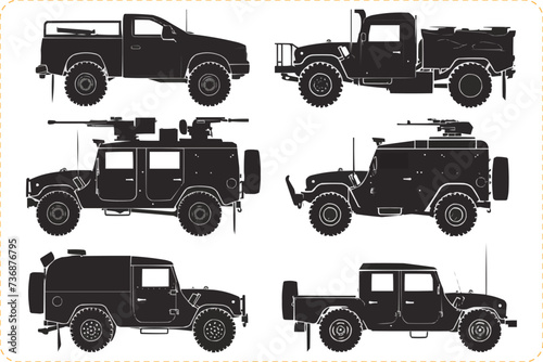 Set of Military vehicle silhouettes, Silhouette of Military vehicle isolated on a white background