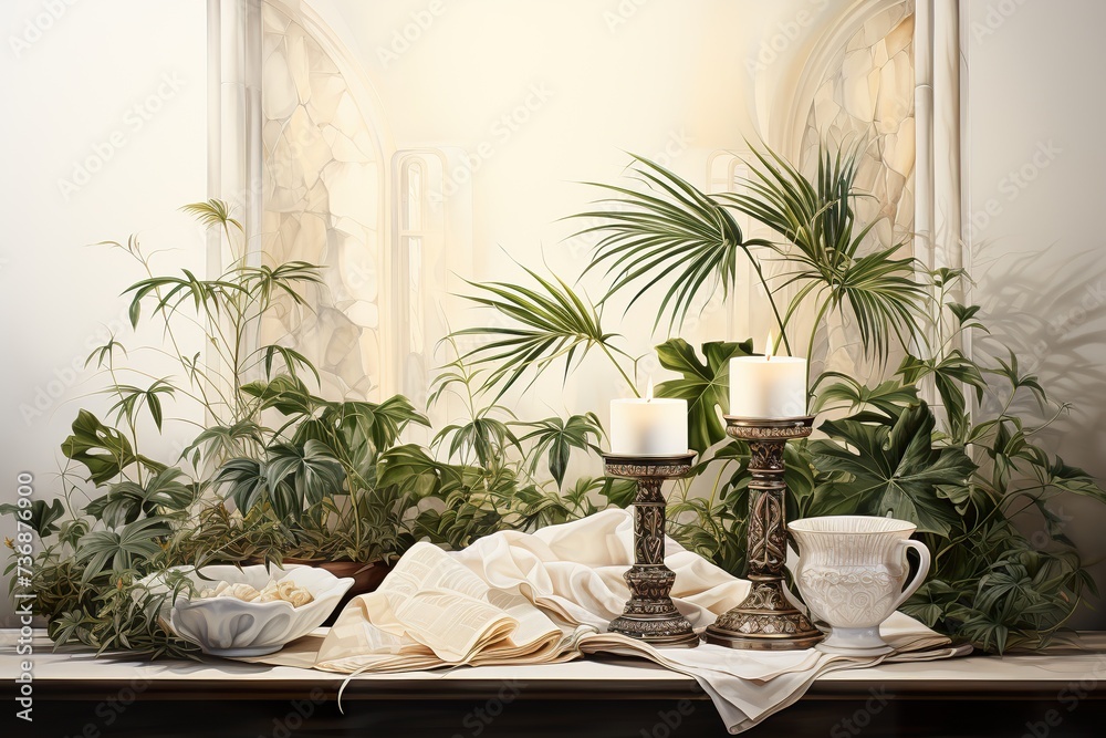 isolated in white background, center aligned Altar cloths drape the lectern, where readings from scriptures echo, as palms crosses adorn the profound meditation stations