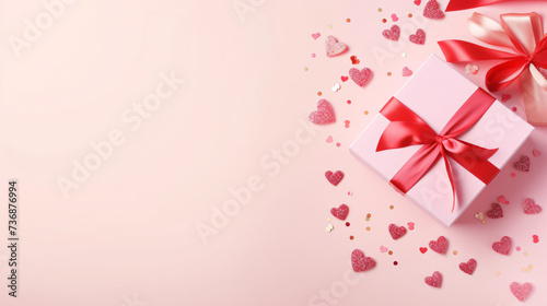 Pink gift box wrapped red ribbon bow with red heart.