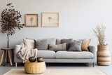 a gray sofa and a potted plant beside it, a simple and minimalist concept