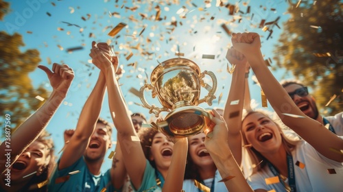 Group of people holding a gold trophy, cheering for their favorite team
