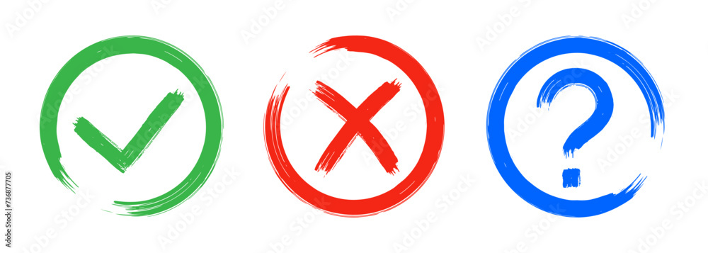 Dirty grunge cross x, tick OK and question check marks in check boxes, hand drawn with brush strokes vector illustration isolated on white background. Question mark, symbol NO, YES web button for vote Dirty grunge cross x, tick OK and question check marks in check boxes, hand drawn with brush strokes vector illustration isolated on white background. Question mark, symbol NO, YES web button for vote