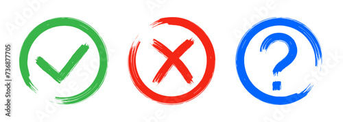 Dirty grunge cross x, tick OK and question check marks in check boxes, hand drawn with brush strokes vector illustration isolated on white background. Question mark, symbol NO, YES web button for vote