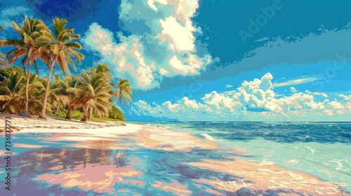  a painting of a tropical beach with palm trees and a blue sky with white clouds and a pink sand beach.