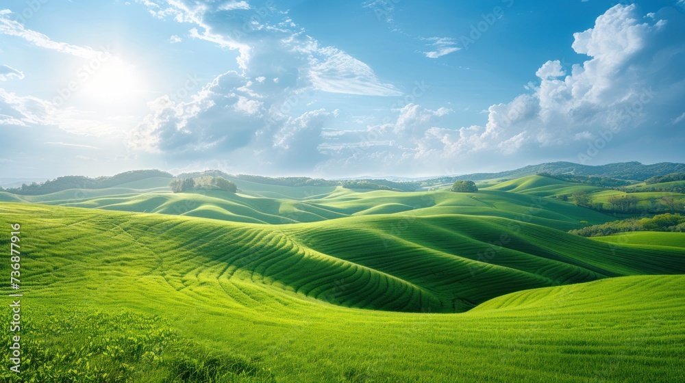Fototapeta premium Idyllic Rolling Green Hills Under a Clear Blue Sky with Wispy Clouds.