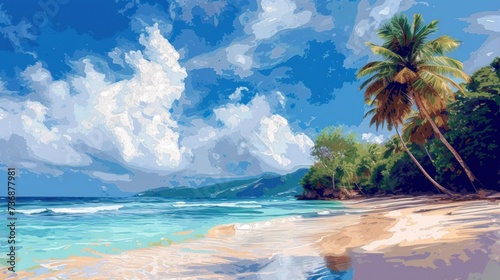  a painting of a beach with a palm tree in the foreground and a blue sky with clouds in the background.