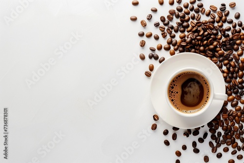 white cup of coffee with beans on white background top view