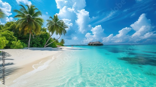  a tropical beach with palm trees and a hut in the middle of the water and a blue sky with white clouds.