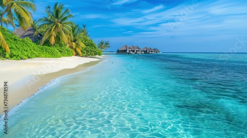  a beach with a house on the water and palm trees on the side of the water and a sandy beach with clear blue water.