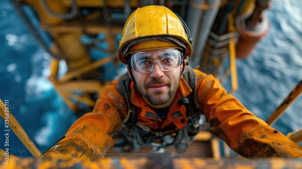 Portrait from below of an oil rig worker with glasses, the platform in the background Portrait from below of an oil rig worker with glasses, the platform in the background