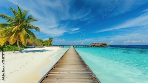  a wooden walkway leading to a beach with a hut in the water and palm trees on the shore of a tropical island. © Anna