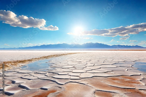 Scenery view of wild nature salt flat with mountains  scenic backgrounds. Panoramic landscape photo of Bolivia natural salt desert wilderness  no people. Bolivian landmarks concept. Copy ad text space