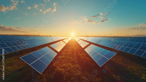 Renewable Energy Concept, Solar Panels Against a Clear Blue Sky