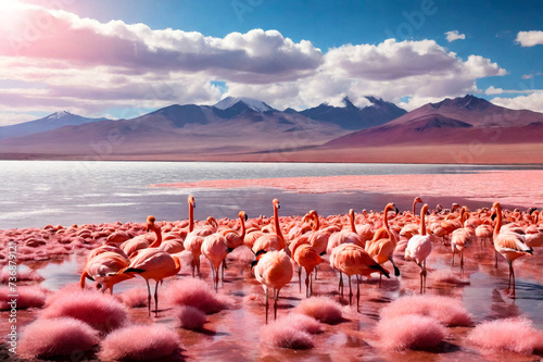 Scenery view of Laguna Colorada lake with pink chilean flamingos at Andes mountains background. Landscape photo of Bolivia in natural wilderness. Bolivian nature landmarks concept. Copy ad text space photo