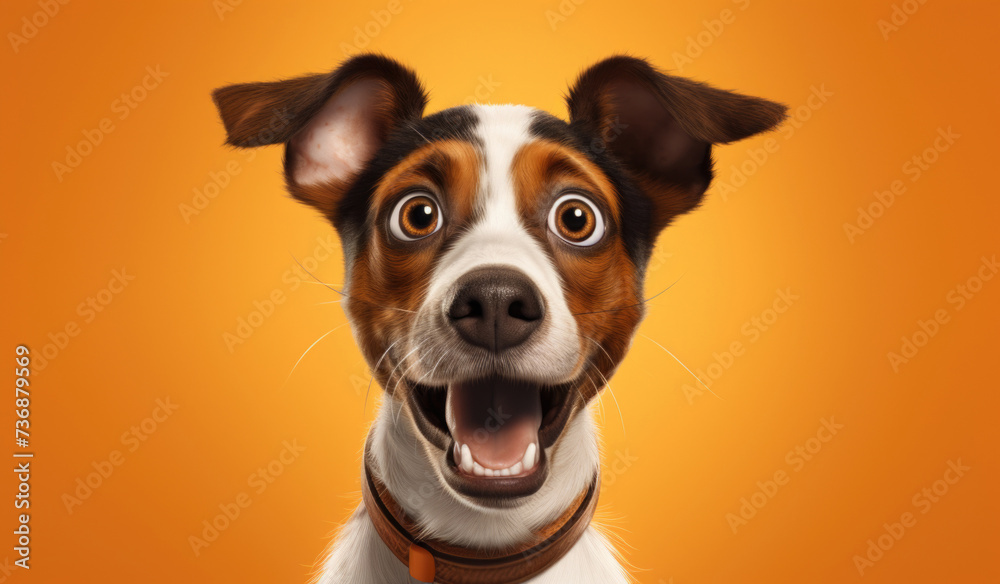 Studio Portrait of Funny and Excited Dog on Orange Background with Shocked or Surprised Expression and Open Mouth