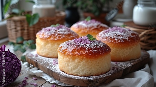 Delightful cabbage cakes in a basket on a pristine wooden table.