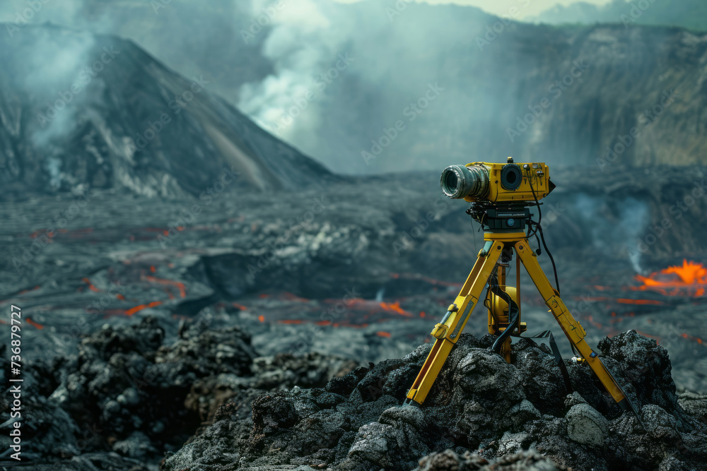 View of high-tech seismometer and thermal imaging equipment against the backdrop of a smoldering volcanic crater - obrazy, fototapety, plakaty 