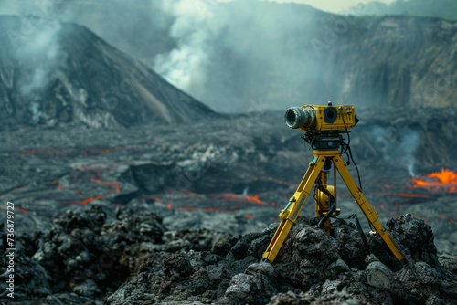 View of high-tech seismometer and thermal imaging equipment against the backdrop of a smoldering volcanic crater