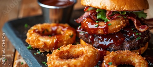A close up of a hamburger and onion rings on a cutting board, popular fast food dish made with meat, deep frying technique, and baked goods as ingredients