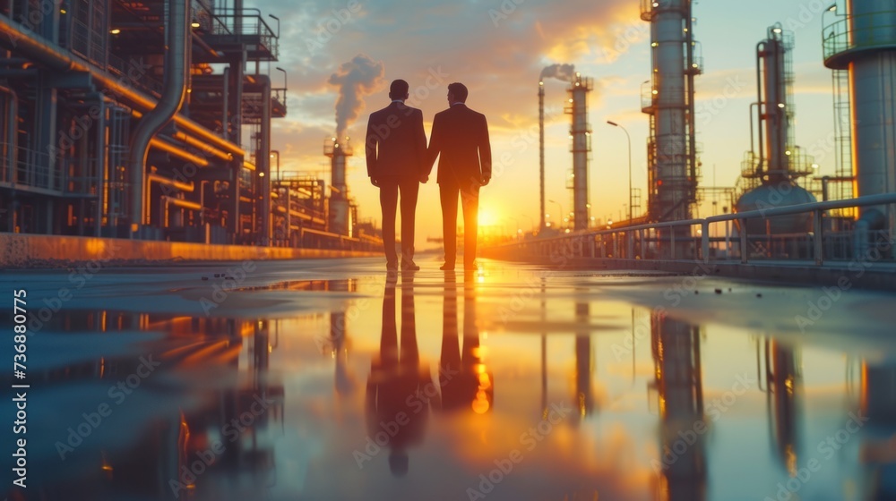 shake hands and shake hands against the backdrop of an oil refinery or gas pipeline with space shake hands and shake hands against the backdrop of an oil refinery or gas pipeline with space