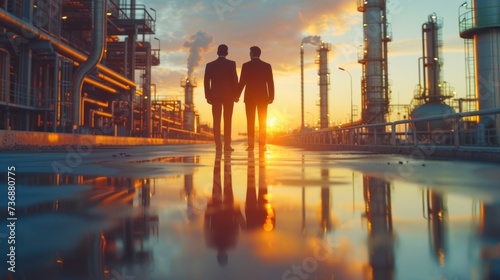 shake hands and shake hands against the backdrop of an oil refinery or gas pipeline with space