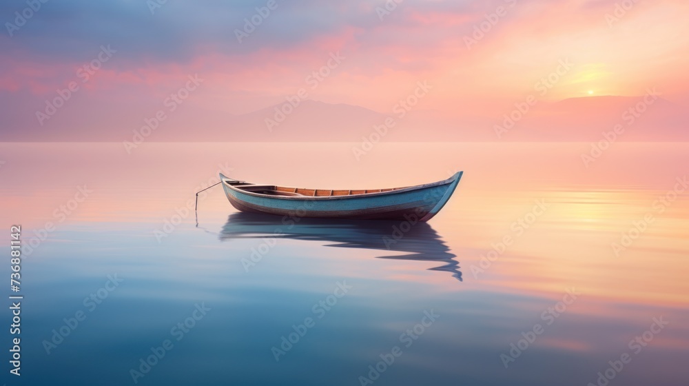  a small boat floating on top of a large body of water under a pink and blue sky with the sun in the distance.