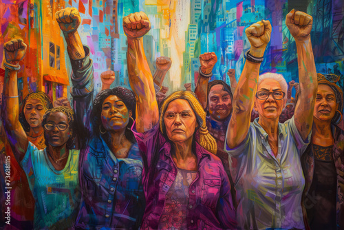 A diverse group of individuals standing in solidarity with their fists raised, set against the backdrop of a vibrant, bustling city.