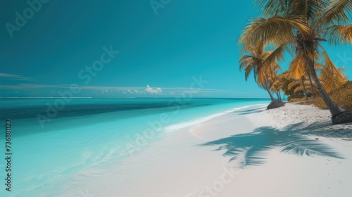  a palm tree casts a shadow on the white sand of a tropical beach with blue water and blue sky in the background.