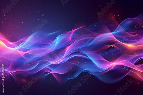 Vibrant transparent fluid gradient movement. Purple fluorescent shade wave. Azure luminous sleek stripes backdrop. Illuminated streak flow flame trail and brilliance spiral swirl.