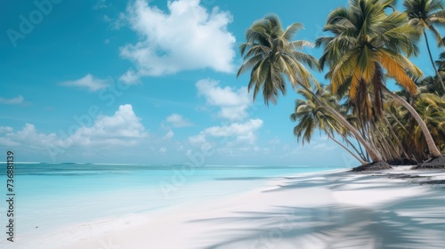  a tropical beach with palm trees in the foreground and a blue sky with clouds in the backgroud.