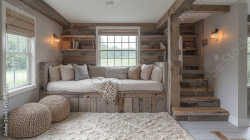 A rustic loft bed made from reclaimed wood beams complete with a builtin reading nook and storage shelves.