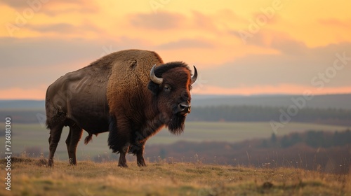 The European bison (Bison bonasus) grazes in the wild.