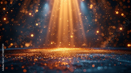 Luxurious illustration of a gilded stage with sparkling lighting and bokeh effects. photo