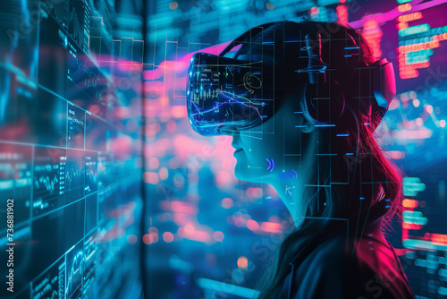Financial data is transformed into abstract art through immersive virtual reality technology, with a user wearing VR headgear, surrounded by an ethere