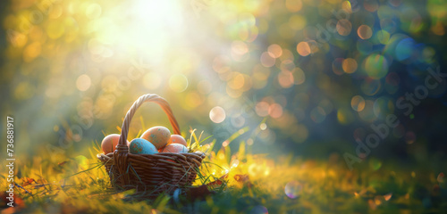 easter eggs in a basket in the spring sunlight with green grass photo