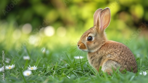  a small rabbit sitting in the grass with daisies in the foreground and blurry trees in the background.