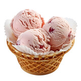 Strawberry ice cream in waffle basket isolated on transparent or white background, png