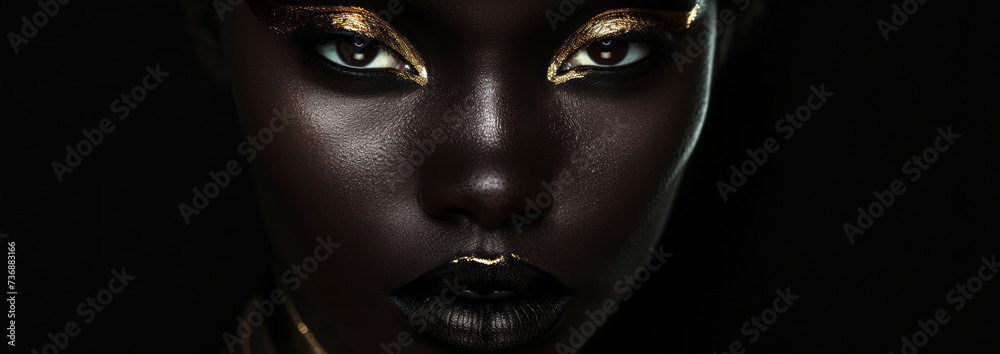 A woman with gold makeup, featuring dark tonality, black and white realism, luminous shadows, and colors of dark brown and dark black. A woman with gold makeup, featuring dark tonality, black and white realism, luminous shadows, and colors of dark brown and dark black.
