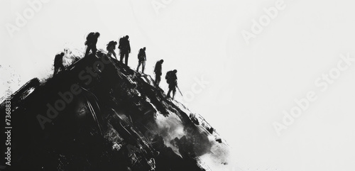 A black and white sketch is presented of a group at the top of a mountain, featuring corporate punk, realistic chiaroscuro, minimalistic sophistication, and mid-century style.
