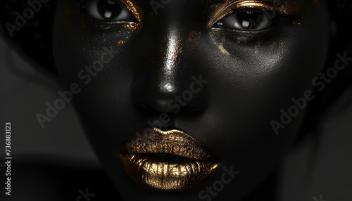 A woman with gold makeup showcases a style of dark tonality and black and white realism.