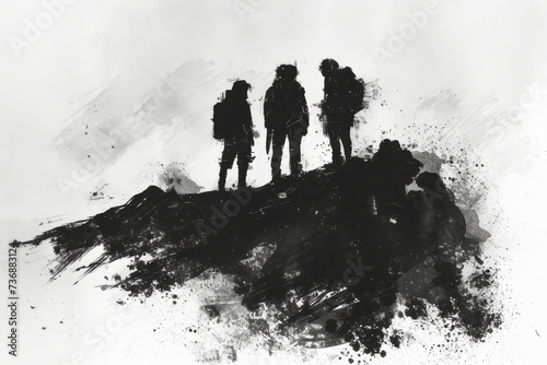A black and white sketch is presented of a group at the top of a mountain  featuring corporate punk  realistic chiaroscuro  minimalistic sophistication  and mid-century style.