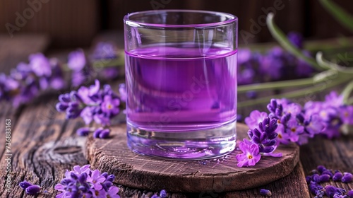 Aromatic lavender syrup in a glass. Premium image.