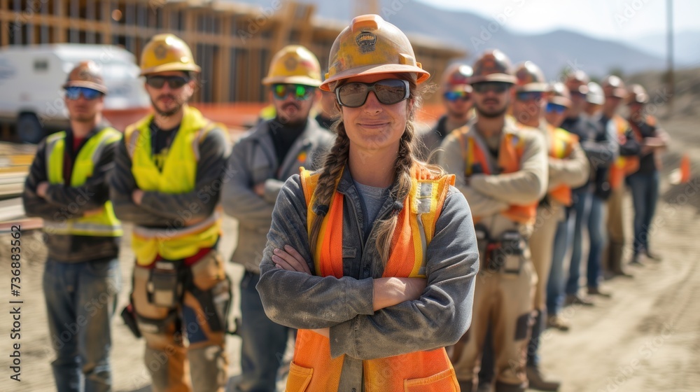 A handful of confident construction workers in safety gear stood with their arms crossed. It shows teamwork and professionalism in the industry. A handful of confident construction workers in safety gear stood with their arms crossed. It shows teamwork and professionalism in the industry.